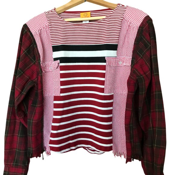 Upcycled Mixed Print Oversized Shirt, M-L: Red Gingham & Plaid Flannel Sleeves - Picture 11 of 14